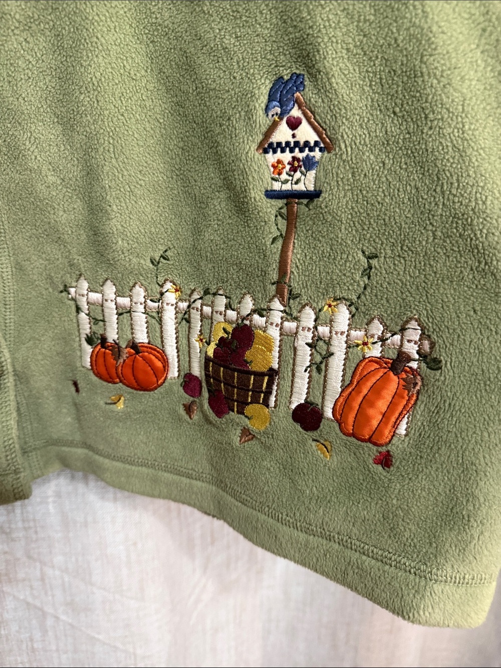 Vintage 90s Croft & Barrow Autumn Fleece Cardigan Sweater Sage Green Embroidered - Picture 4 of 14